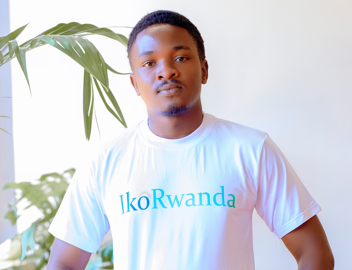 IkoRwanda team member in branded IkoRwanda t-shirt