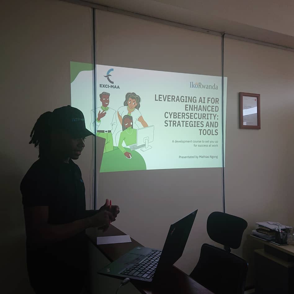 Mathias Ngong presenting AI and cybersecurity training at Exci-Maa in Kigali